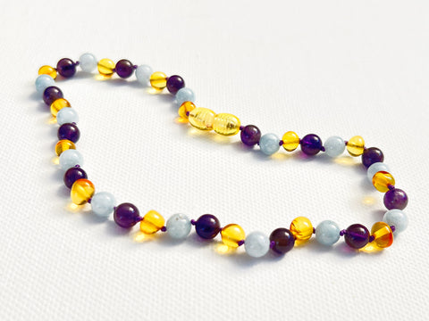 Children's Amber necklace - Raw Cherry with Moonstone and Apatite