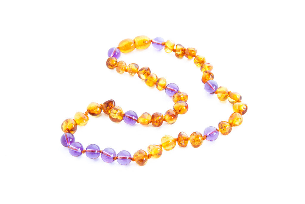 Childrens amber necklace - cognac and amethyst